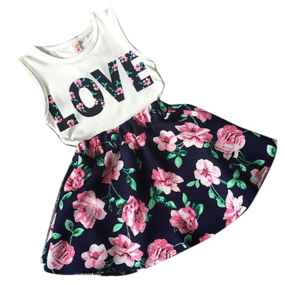 (C) Divine Kids Girls Floral 2 Piece Tank Top and Skirt